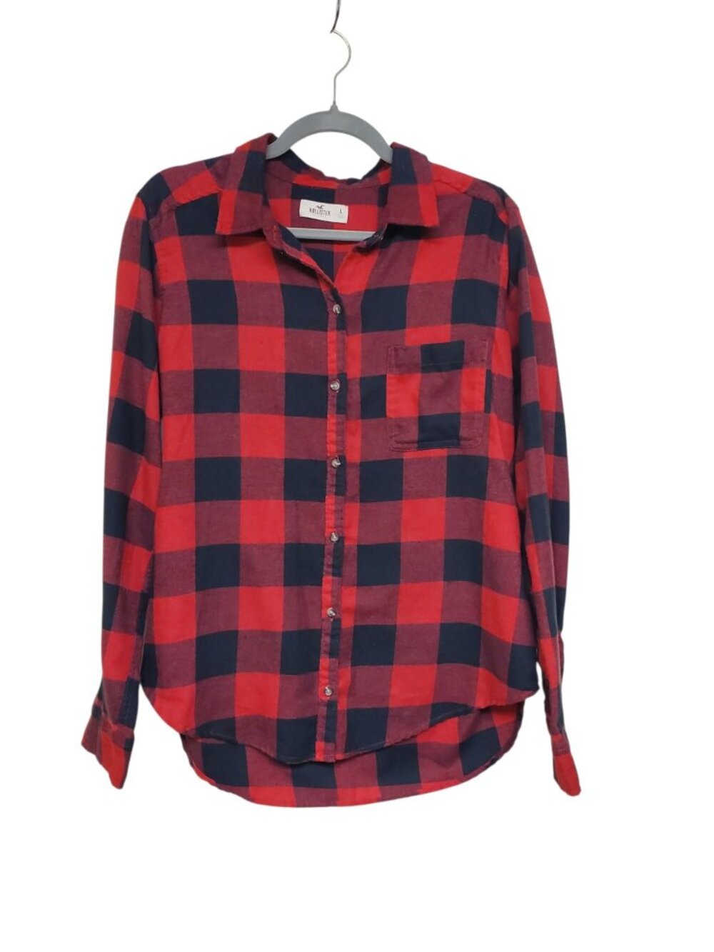 Hollister Women's Red Black Buffalo Plaid Long Sleeve High Low Flannel Top L